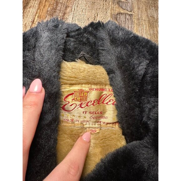 Vintage Excelled Fur Lined Leather Bomber Jacket Black Size 38 - Picture 3 of 5